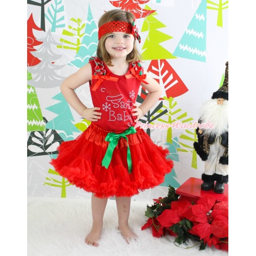 Xmas Red Tank Top Red White Green Dots Ruffles Red Bows Sparkle Rhinestone Santa Baby Print & Red Pettiskirt CM196